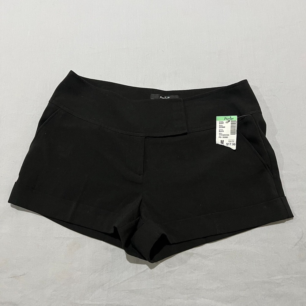 NWT Papaya Womens Black Tailored Cuffed Hem Wide Waistband Comfort Shorts M Y2K